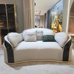 Curved Luxury Sofa Set with Fan Quilted Craftsmanship, High-Gloss Natural Burl Wood Veneer & Gold Stainless Steel Detailing